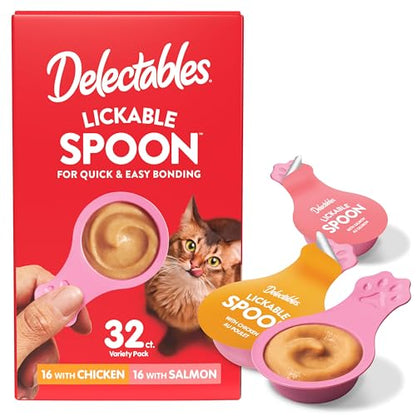 Delectables Lickable Spoon Handheld Wet Cat Treats Made with Real Chicken & Salmon, Quick & Easy Creamy Puree, Mess Free, Grain-Free, No Added Fillers, No by-Products, Variety Pack, 32ct - size: 0.35 Ounce (Pack of 32)
