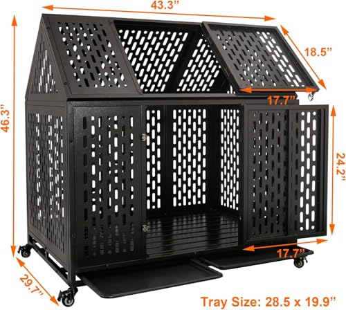 44 inch Heavy Duty Indestructible Dog Crate, Steel Escape Proof Chewproof Impact Double Door Dog Kennel for Large Medim Dogs with Wheels and Trays, High Anxiety Large Dog Cage, XL - size: 43.3"L x 29.7"W x 46.3"H