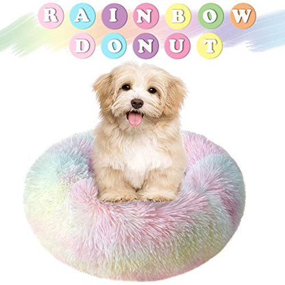 otoez Kitten Puppy Bed Extra Small XS Round Dog Cat Beds Anti Anxiety Plush Pet Calming Donut Bed with Non-Slip Waterproof Bottom, Washable (15.7", Rainbow) - color: Rainbow, size: 15.7"