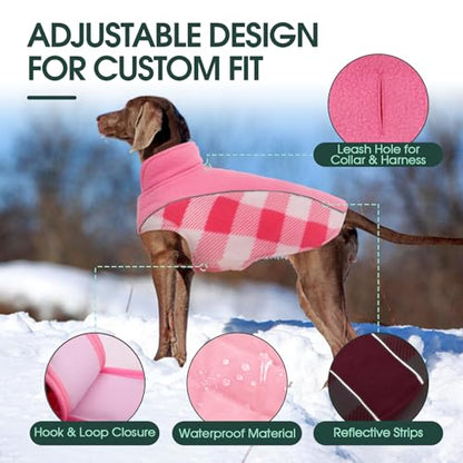 Kuoser Dog Winter Coat, Reversible Waterproof Dog Jacket with Reflective Strip, Warm Dogs Fleece Vest Adjustable Doggy Cold Weather Clothes Plaid Christmas Outfit Pet Apparel for Small Dogs, Pink S - color: Pink, size: Small (Chest Girth: 13.8-17.3'' )