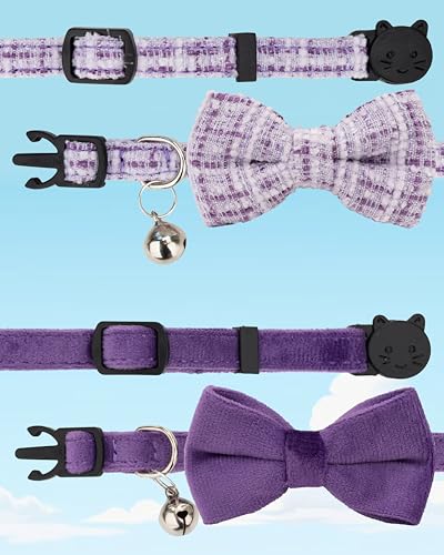 Cat Collar with Bow Tie 2pcs Set Bell Boy Girl Kitten Safety Plaid Grid Checkered Solid Color Suede Velvet Cute Soft Fluffy Gift B-[2pcs] Purple - color: Style B-[2pcs] Purple
