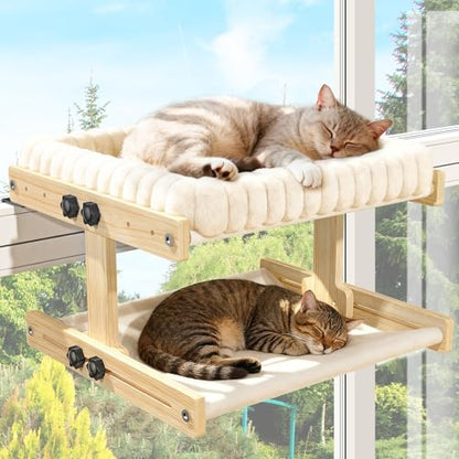 Cat Perch for Window Cats Hammock Indoor Bed for Window Adjustable Wooden Frame Bird Watching Sunbathing Space-Saving Double Layer 18 * 16 * 10inch (Small Breeds Recommended) - size: Double Layer