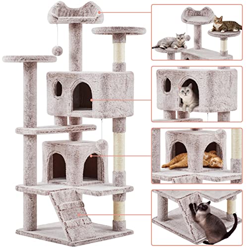 Yaheetech 54in Cat Tree, Cat Tower with Double Condo, Sisal Scratching Posts, and Dangling Balls, Pet Furniture Kitten Play House - color: Brown/White, size: 54in