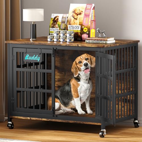 EasyCom 41"/33"/27" Dog Crate Furniture with Name Tag, Heavy Duty Dog Kennel Indoor for Medium Dogs, Double-Doors Sturdy Metal Dog Cage for Anxiety Dog, Decorate House as TV Stand, End Table - color: Brown, size: 40.8"L x 29.3"W x 30.2"H