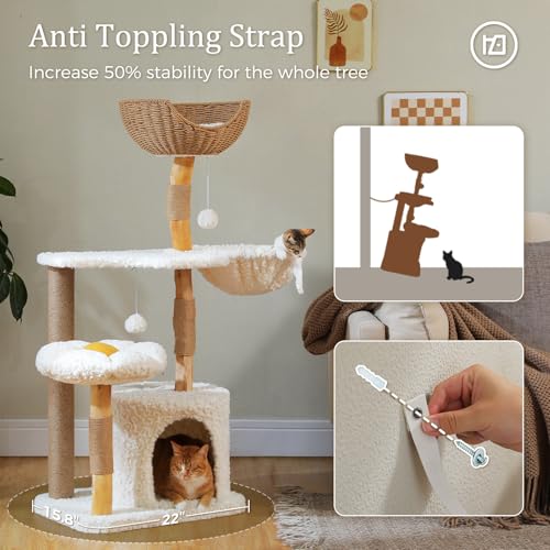 PETEPELA Modern Cat Tree Tower for Indoor Large Cats w/Removable Flower Perch, Real Solid Wood Cat Scratching Posts, Boho Ratten Cat Furniture w/Cozy Condo & Wicker Basket Bed, White - color: Cloud White
