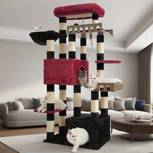 Gitelsnour Maine Coon Cat Tree, Heavy Duty Cat Tree for Indoor Cats Large Adult, Gothic Cat Tower for Large Cats 20 lbs+ with Hammock, 2 Big Perches, 2 Cat Condos, 15 Scratching Posts, Black GCT033BR - color: Black and red, size: 68.5 inches