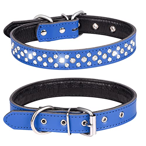 Rhinestones Dog Collar, Adjustable Sparkly Crystal Studded Genuine Leather Pet Dog Collar for Small and Medium Dogs (S, Dark Blue) - color: Dark Blue, size: S