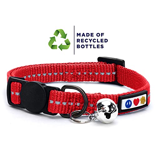 Pawtitas Recycled Red Reflective Cat Collar – Eco-Friendly Breakaway Safety Buckle, Adjustable Kitten & Adult Collar with Removable Bell and High-Visibility Strap - color: Recycled Red