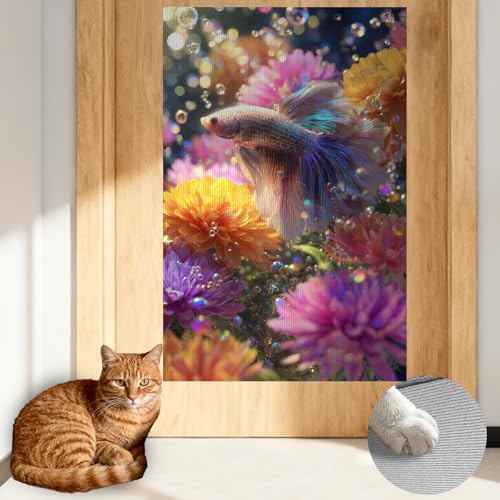 Cat Scratching Mat 15.3x23.6 Inches Polyester Synthetic Fiber, Colorful Betta Fish & Flowers Print, wall cat Scratcher, Scratch pad, Home Decor, Fish Tank Area, Bedroom (2pcs) - color: Mi08798-2pcs