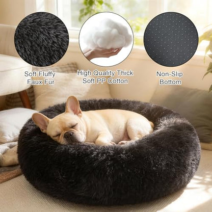 Dog Calming Beds for Small Medium Large Dogs - Round Donut Washable Puppy Dog Bed, Anti-Slip Faux Fur Fluffy Donut Cuddle Anxiety Cat Pet Bed(20" Black - color: Black, size: 20"L x 20"W x 8"Th