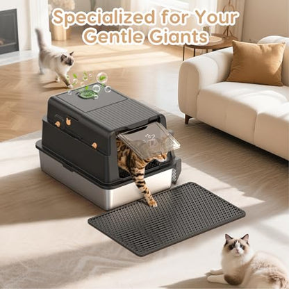 L8 Max-XXXL Stainless Steel Litter Box with Lid, 28" L x 20.5" W x 17.4" H Large Cat Litter Box for Big Cats, Cat Litter Deodorizer Included, High Sided Enclosure with Scoop & Mat, Anti-Leakage-Black - color: Black