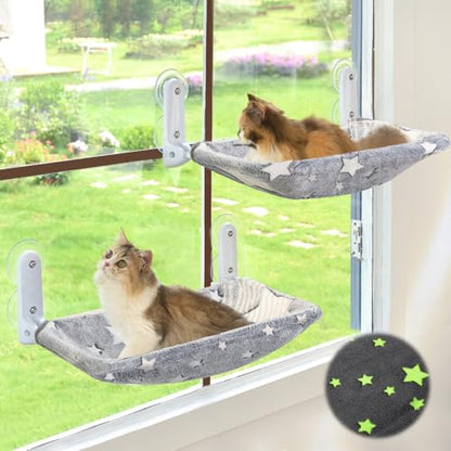 Zoratoo 2PC Cat Window Perch, Glow in The Dark Cordless Foldable Pet Hammock Bed for Window with Sturdy Metal Frame, Glowing Stars Pattern Resting Seat for Indoor Cats (2PC Stars - M)
