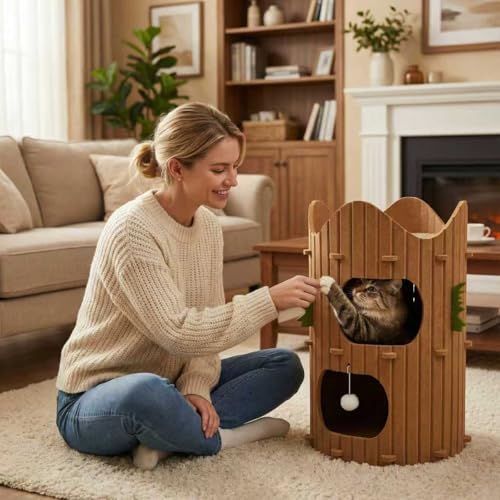2-Tier Felt Cat House Thickened Felt Cat Cave House with Hanging Toy Ball, Enclosed Sleeping Nest for Cats, Indoor Pet Rest & Play Hut (Brown)