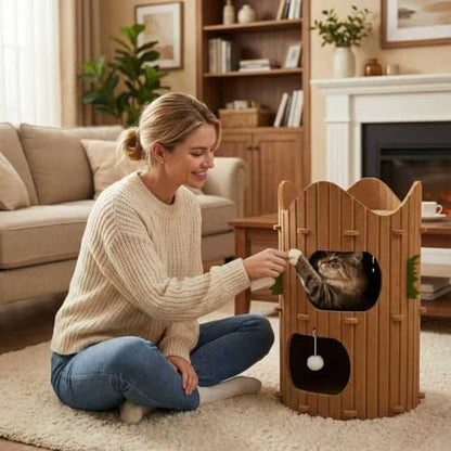2-Tier Felt Cat House Thickened Felt Cat Cave House with Hanging Toy Ball, Enclosed Sleeping Nest for Cats, Indoor Pet Rest & Play Hut (Brown)