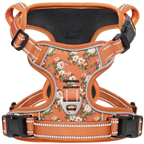 Dog Harness, No Pull Dogs Harness 3 Snap Buckles Adjustable Reflective No Choke Pet Vest for Small Dog with Soft Padded Control Training Handle for Outdoor Training,Flower Orange, S - color: Normal-Flower Orange, size: Small (Pack of 1)