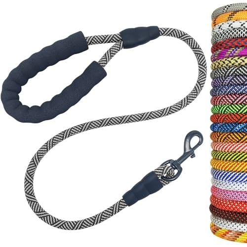 Heavy Duty Rope Dog Leash, 3/4/5/6/7/8/10/12/15/20FT Nylon Pet Leash, Soft Padded Handle Thick Lead Leashes for Large Medium Dogs (Black, 1/2" * 3') - color: black, size: 1/2" * 3'