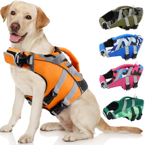 Kuoser Dog Life Jacket with Reflective Stripes, Dog Life Vest for Swimming Boating, Adjustable Pet Lifejackets with High Flotation, Doggie Swimsuit for Small Medium Large Dogs - color: 4#OrangeCamo, size: Xs (Chest Girth:12.9-18.1'')