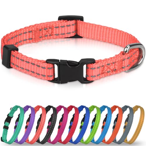 Joytale Puppy Collar, Feather-Light Double-Sided Reflective Nylon Collar for Night Safety, Adjustable Quick-Release for Extra Small Dogs, Pink, XS (3/8" Width) - color: Pink, size: XS: Width 3/8", Neck 8-12"