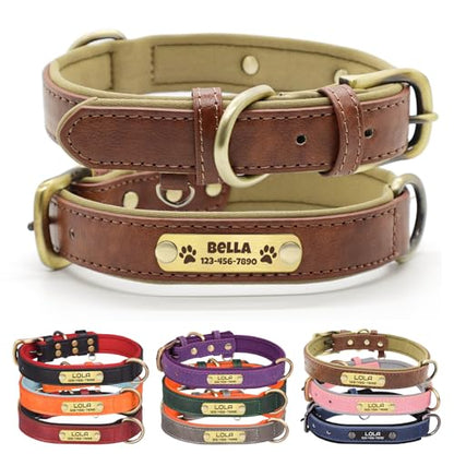 Custom Leather Dog Collar with Name Plate - Personalized Collar for Dogs with Laser-Engraved Nameplate - PU Faux Leather with Neoprene Lining (Brown, S (10.5-12.5 Inches)) - color: Brown, size: S (10.5-12.5 Inches)