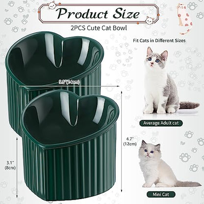 Mumufy 2 Pcs Ceramic Elevated Cat Bowls Tilted Elevated Raised Pet Bowls Anti Vomit Cat Dish for Indoor Stress Free Water Dish Feeder for Puppies, Heart Shaped(Peacock Green) - color: Peacock Green