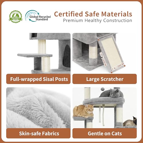 Heybly Cat Tree, 74-Inch Streamlined Cat Tower for Large Cats with 3-Tier Stacked Condos, Cat Furniture with Large Perch, Sturdy Base, Full Sisal Scratching Posts & Ramp, Light Gray HCT061W - color: Light Gray