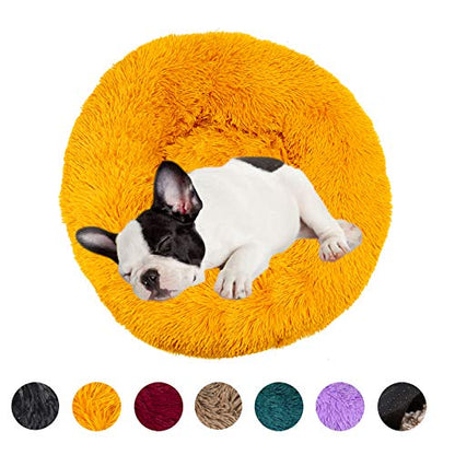 Plush Dog Bed Pet Calming Fur Bed, Fluffy Donut Round Cat Beds, Anti-Slip & Anti-Anxiety, 16 Inch for Puppy and Kitties, Gold, XS - color: Gold, size: XS - 16 inch
