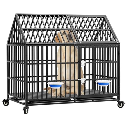 50 inch Heavy Duty Indestructible Dog Crate with 2 Bowls, Escape Proof Double Door Dog Kennel for Large Giant Dogs with Wheels and Trays, High Anxiety Extra Large Dog Cage Indoor Outdoor, XL XXL - size: 49.2"L x 29.7"W x 46.3"H