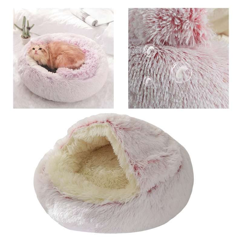 Cat Bed Round Fluffy Hooded Cat Bed Cave, Anti-Anxiety Cave Bed with Hooded Blanket, Cozy Cuddler Luxury Puppy Pet Bed, Anti-Slip Bottom and Machine Washable (Pink, Large) - color: Pink, size: Large