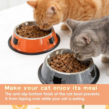Cute Cat Bowl, Cat Face Print Non-Slip Stainless Steel Pet Food Water Bowl for Cats & Small Dogs(Gray-White) - color: Grey+White