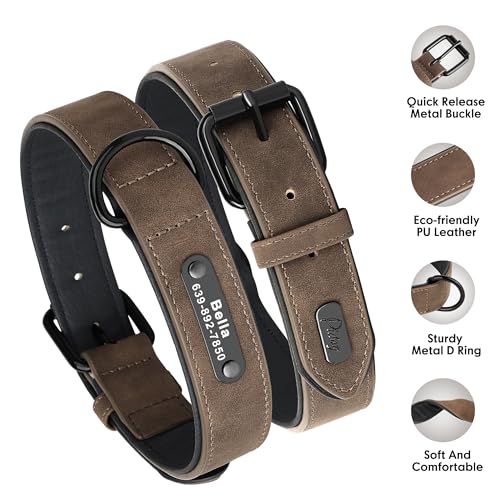 Didog Custom PU Leather Dog Collars with Personalized Engraving Nameplate,Personalized Padded Dog Collars Engraved for Medium Dogs,Brown,XL Size - color: Brown, size: XL: Fit 17-21"Neck
