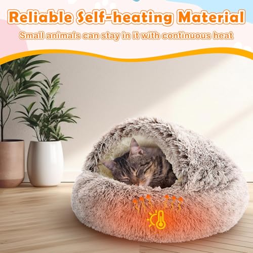 Cinnvoice 2 Pcs Self Warming Cat Beds with Hood, Self Heating Dog Cave Bed, Fluffy Round Covered Pet Pad, Plush Hooded Pet Beds with Non-Slip Bottom for Indoor Cat or Small Middle Dog(Coffee,24 in) - size: 24 In