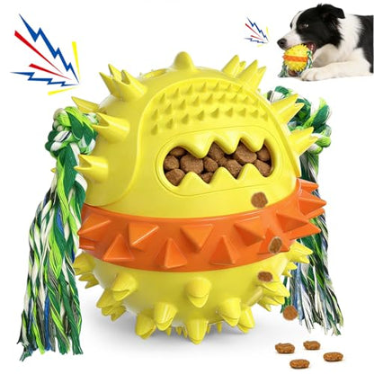 Dog Chew Toys Floating 4" Squeaky Ball for Aggressive Chewers Toothbrush Teething Cleaning Toys Outdoor Swimming Interactive Tough Toys with Treat Dispenser Ball for Medium and Large Dogs - color: Yellow