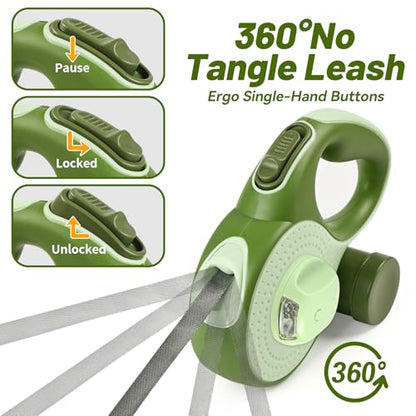 26ft Heavy Duty Retractable Dog Leash for Large Dogs, Dog Leash with Poop Bag Holder, Up to 100lbs, with LED Light, Chew Proof Cable, One-Handed Pause & Lock, 360° No Tangle. (Green, 26Ft) - color: Green