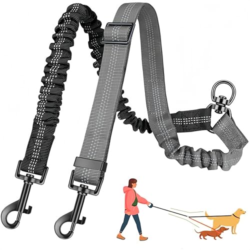 3-in-1 Double Dog Leash for Two Dogs, Adjustable Dual Leash with 360° Swivel & Bungee Shock Absorption, No-Tangle Reflective Coupler,for Walking, Running, Training (Black + Gray) - color: black + gray