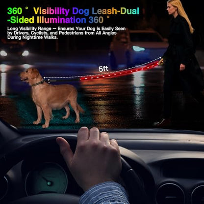 hamraba 5 Ft Light Up Dog Leash, 10 Lighting Modes LED Dog Leash for Night Walking, Rechargeable with Padded Handle, Safety Glow in The Dark, for Small Medium Large Dogs