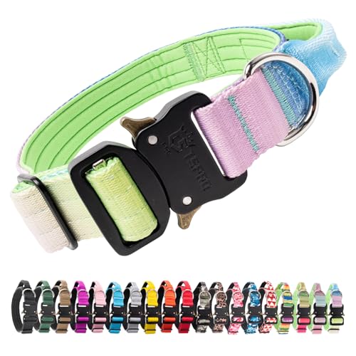 TSPRO Premium Dog Collars Tactical Dog Collar with Handle and Heavy Duty Quick-Release Metal Buckle Durable Thick and Adjustable for Medium to Large Dogs (Gradient Rainbow M) - color: Lucky Rainbow, size: Handle-Equipped M (14.5"-18" Adjustable)