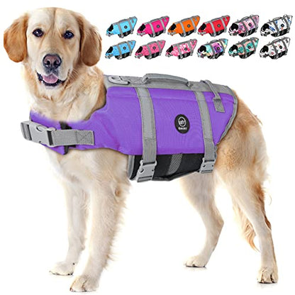 EMUST Dog Life Vests, Adjustable Dog Life Jacket with Rescue Handle, Dogs Flotation Vest for Small/Medium/Large Dogs, XS, Purple - color: Purple, size: XS