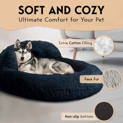 PetJett Dog Beds Large Sized Dog - 36'' Calming Round Bed, Washable Dog Bed - Anti-Slip Super Soft Donut Bed, Fluffy Faux Fur Anti-Anxiety Premium Comfort Pet Bed, Fits Dogs up to 80 lbs - Dark Grey - color: Dark Gray, size: Large - 36”L x 36”W x 8”Th