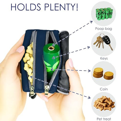 Dog Poop Bag Holder for Leash, 2 Waterproof Zipper Pouches, Dog Treat Pouch for Pet Walking Accessories, with Dispenser, Training Clicker and 1 Free Roll (Blue) - color: Blue