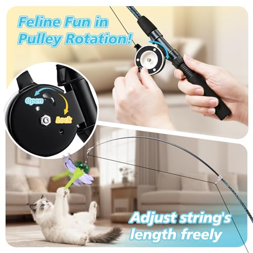 Pawaboo Cat Feather Toys, 4 Pack Interactive Cat Feather Teaser Wand Toys, Retractable Fishing Pole Wand Catcher Exerciser with Refill Fish, Dragonfly Worm with Bells, Blue Yellow Green - color: Bionic Colorful Feather