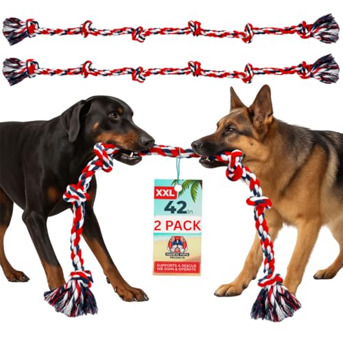 Giant Dog Rope Toys for Extra Large Dogs 2 Pack - 42 Inch, 6 Knot Tough Rope Chew Toys for Large Dogs - Benefits Non-Profit Animal Rescue - Indestructible Dog Toy for Aggressive Chewers (Red) - color: Red, size: 2 Pack