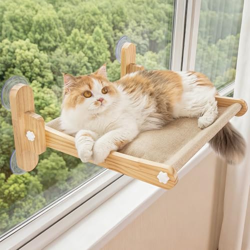Cat Window Perch, 100% Natural Pine Foldable Cat Window Seat, Cordless Safety Design with 50LBS Weight Capacity, No Drilling Easy Installation for Indoor Cats & Home Decor - size: Medium