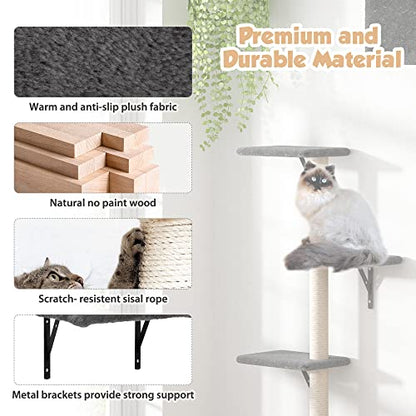 5 Pcs Wooden Indoor Cat Climber - Wall-Mounted Shelves, Perches, Scratching Board, Cat Ladder & Cat Tree - Grey - color: Grey