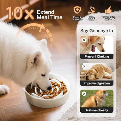 8.25'' Ceramic Slow Feeder Dog Bowls - Petal Shape Modern Dog Food Dish for Medium and Large Breeds, Puzzle Maze Bowl to Slow Down Eating, Anti-Gulping, Dishwasher & Microwave Safe, White - color: White, size: 8.25 inch