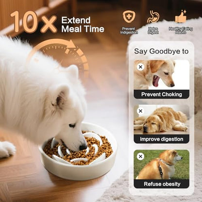 8.25'' Ceramic Slow Feeder Dog Bowls - Petal Shape Modern Dog Food Dish for Medium and Large Breeds, Puzzle Maze Bowl to Slow Down Eating, Anti-Gulping, Dishwasher & Microwave Safe, White - color: White, size: 8.25 inch