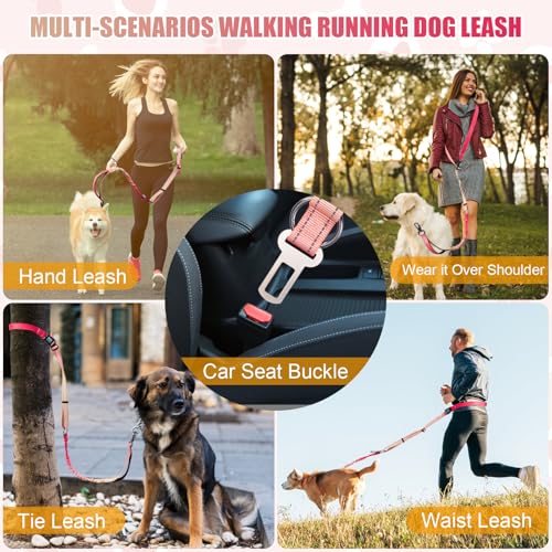 Heavy Duty Hands Free Dog Leash, 5-7 FT Reflective Adjustable Waist Dog Leash Belt with Padded Handles, Shock Absorbing Bungee and Car Seat Belt for Large Medium Dogs (Gradient Rose, XL) - color: Gradient Rose