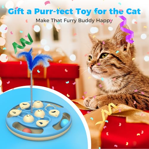 3 in 1 Cat Treat Puzzle Feeder, Level 3 Interactive Cat Puzzle Toy with Track Balls, Feather Teaser & Slow Feeder Insert, Non-Slip Base, Mental Stimulation for Bored Indoor Cats, Blue - color: Blue
