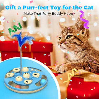 3 in 1 Cat Treat Puzzle Feeder, Level 3 Interactive Cat Puzzle Toy with Track Balls, Feather Teaser & Slow Feeder Insert, Non-Slip Base, Mental Stimulation for Bored Indoor Cats, Blue - color: Blue