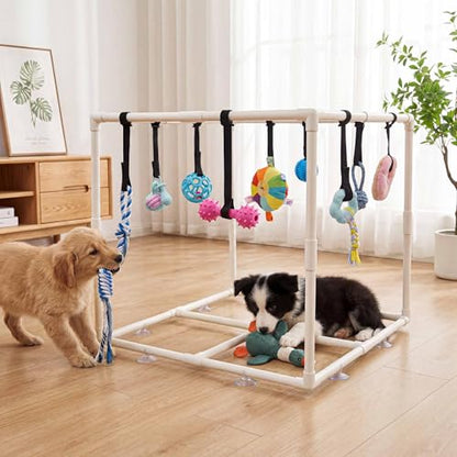 Puppy Play Gym with 15 Teething Toys, Indoor Jungle Gym with Puppy Toys to Keep Them Busy for Mental Stimulation, 23.2" Small Dog Play PVC Frame with Straps and Storage Bag