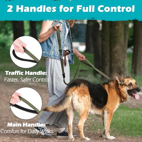 Heavy Duty Tactical Dog Leash, 5 FT Bungee Shock Absorption Leash with 2 Padded Handles, Quick Release Metal Clip, Car Seatbelt, No Pull Training Lead for Large Medium Dogs（Army Green） - color: Army Green